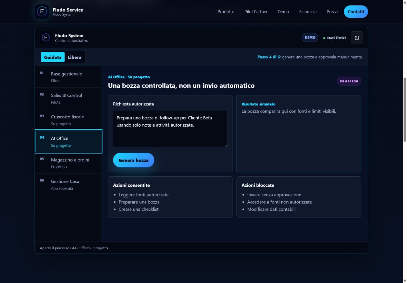 AI Office dimostrativo con bozza, fonti e richiesta di approvazione